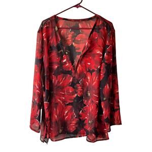 No Brand Black & Red Large Floral 3/4 Sleeve Vneck Sheer Chiffon Top